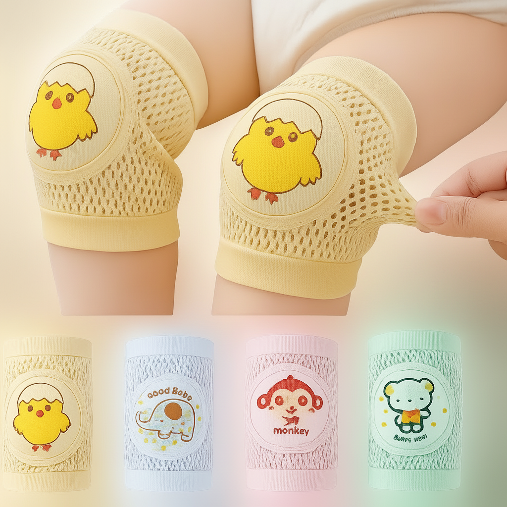 Baby knee pads with cartoon designs on a white background